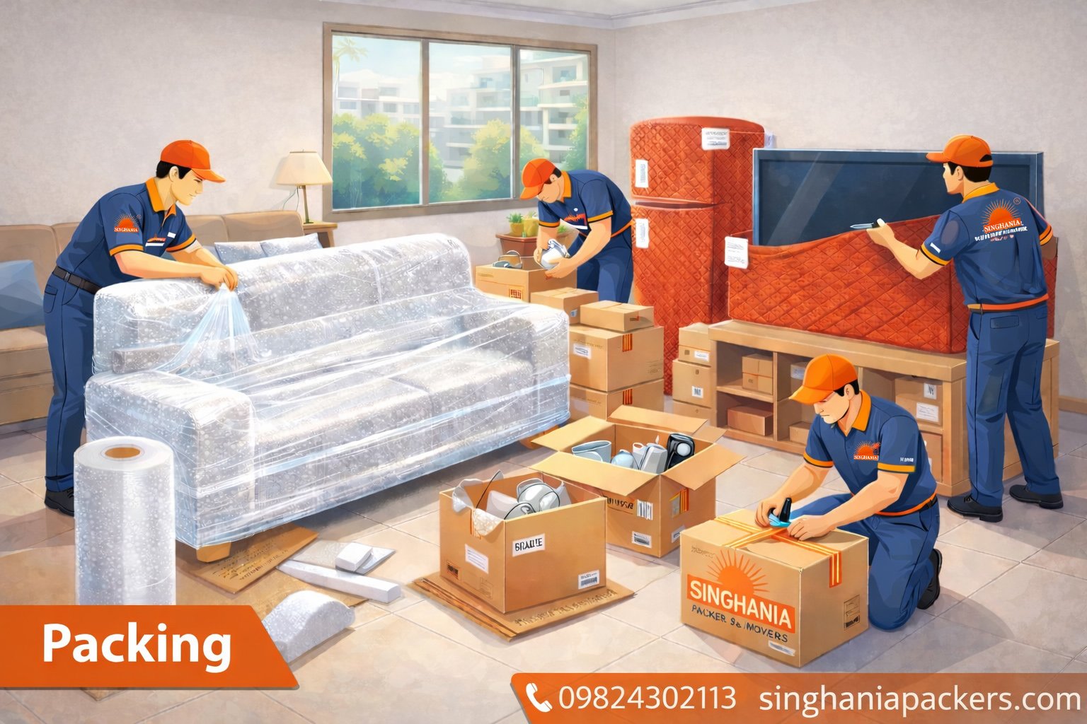 Professional packing for household shifting service with cartons and protective wrap