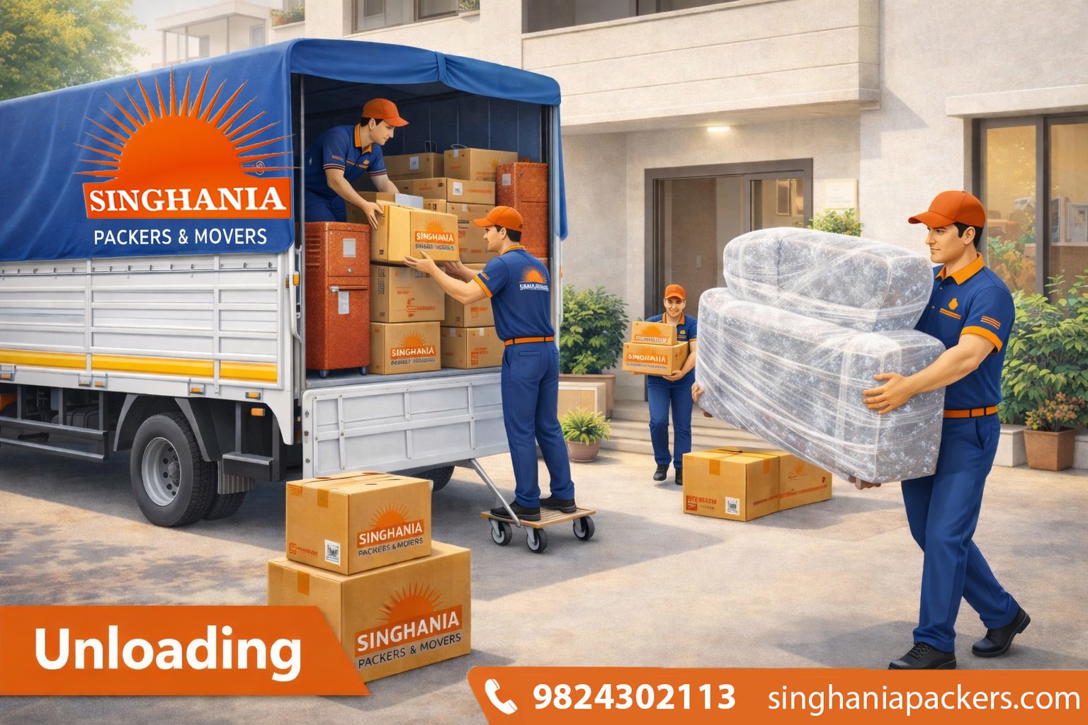 Unloading household goods safely at destination with room-wise placement