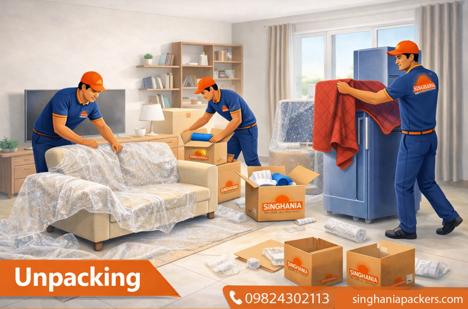 Unpacking support after home relocation with organized cartons and protected household goods